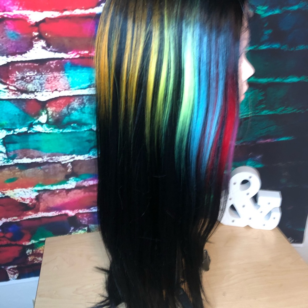 Black straight wig with rainbow highlights